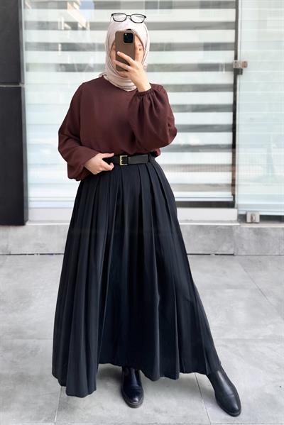 Geniş Pileli Etek - Siyah