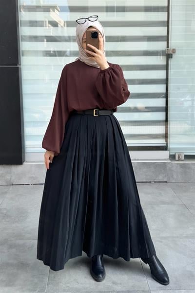 Geniş Pileli Etek - Siyah