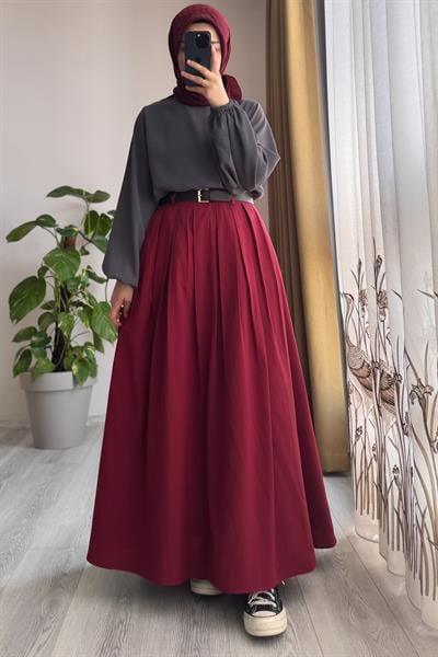 Geniş Pileli Etek - Vişne