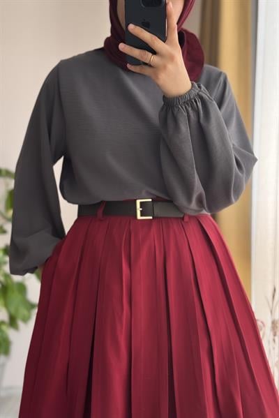 Geniş Pileli Etek - Vişne