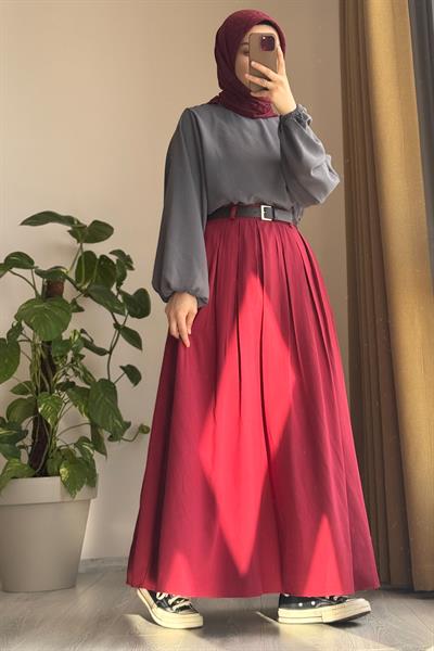 Geniş Pileli Etek - Vişne