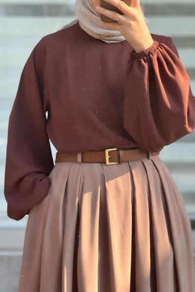 Geniş Pileli Etek - Vizon