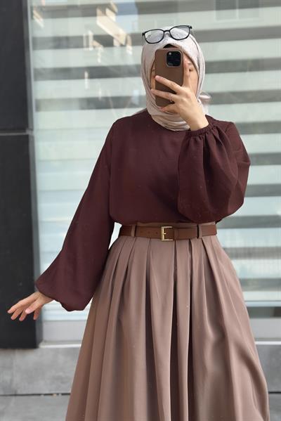 Geniş Pileli Etek - Vizon