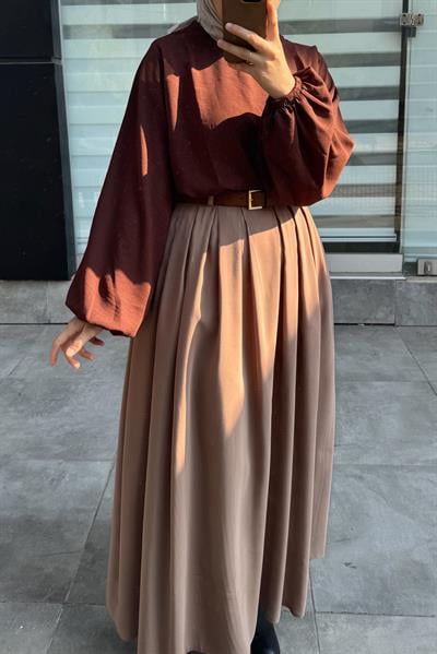 Geniş Pileli Etek - Vizon