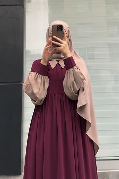 Hijabi Elbise - Bordo/ Bej