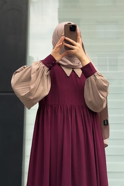 Hijabi Elbise - Bordo/ Bej