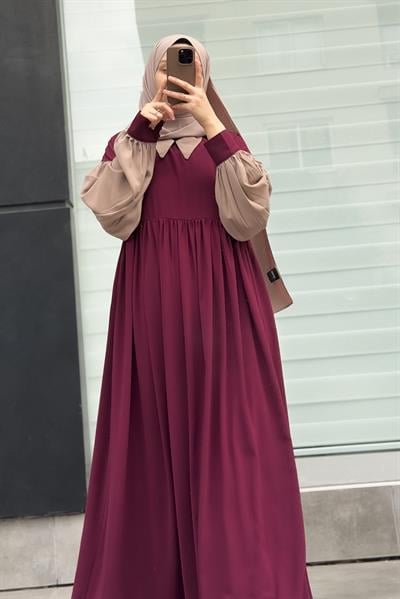 Hijabi Elbise - Bordo/ Bej
