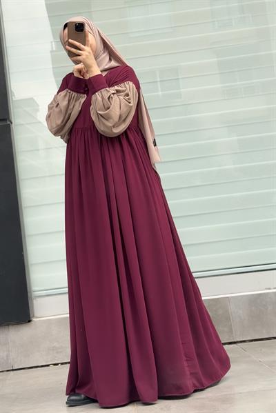 Hijabi Elbise - Bordo/ Bej