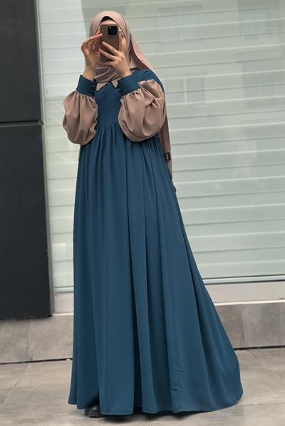 Hijabi Elbise - Petrol/ Bej