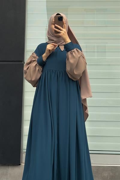 Hijabi Elbise - Petrol/ Bej