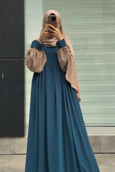 Hijabi Elbise - Petrol/ Bej