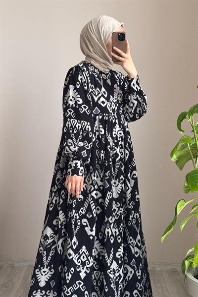 Hilal Elbise - Siyah etnik desen