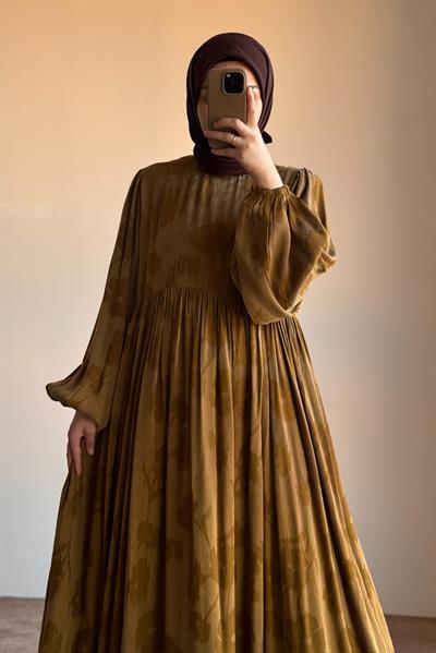 İpek Cupra Elbise - Hardal desen