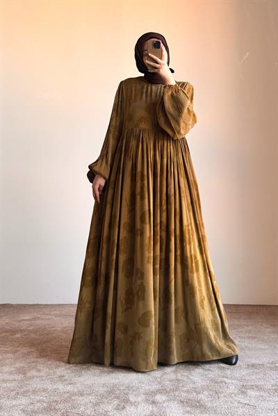 İpek Cupra Elbise - Hardal desen