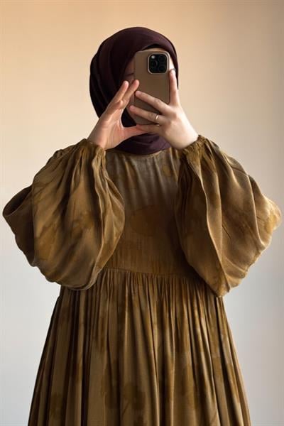 İpek Cupra Elbise - Hardal desen