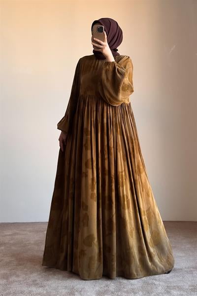 İpek Cupra Elbise - Hardal desen