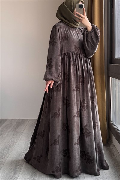 İpek Cupra Elbise - Kahve desen