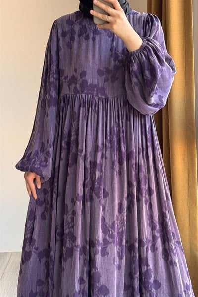 Ande Tesettür, İpek Cupra Elbise, İpek Cupra Elbise - Mürdüm Desen