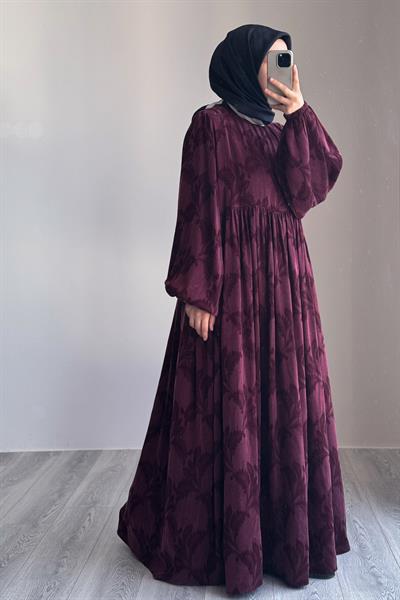 İpek Cupra Elbise - Yaprak Desen Bordo