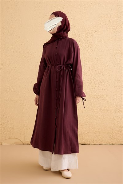 Kaplama Düğmeli Müslin Tunik - Mürdüm