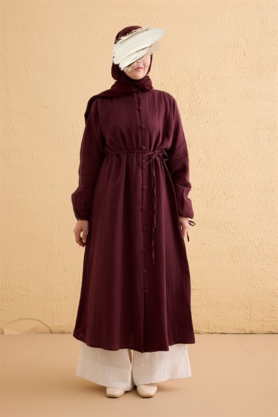 Kaplama Düğmeli Müslin Tunik - Mürdüm