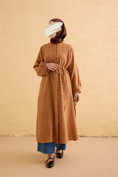 Kaplama Düğmeli Müslin Tunik - Natural kiremit