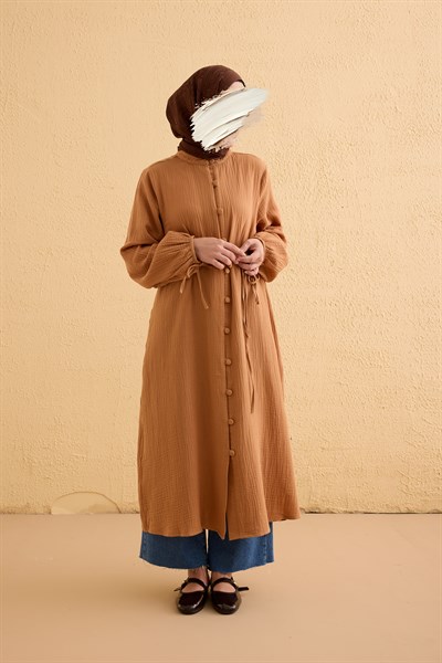 Kaplama Düğmeli Müslin Tunik - Natural kiremit