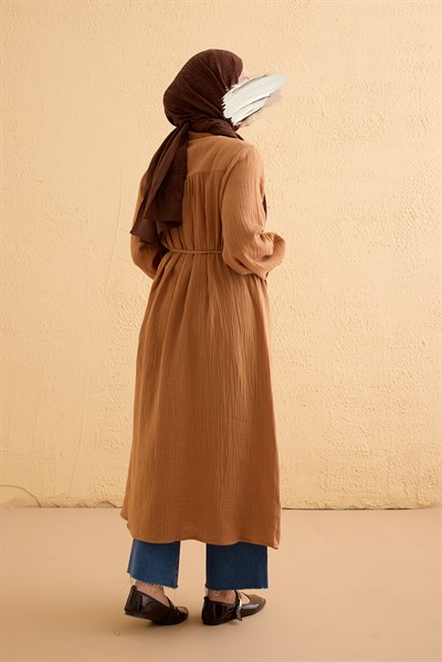 Kaplama Düğmeli Müslin Tunik - Natural kiremit