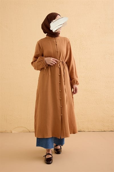 Kaplama Düğmeli Müslin Tunik - Natural kiremit