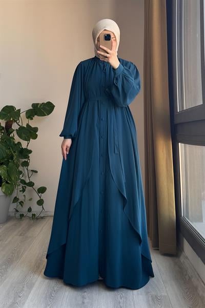 Kat Detaylı Ferace - Petrol mavi