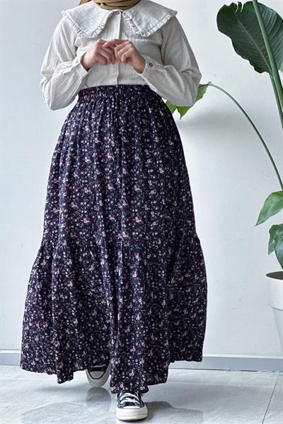 Katlı Etek - Lacivert çiçek