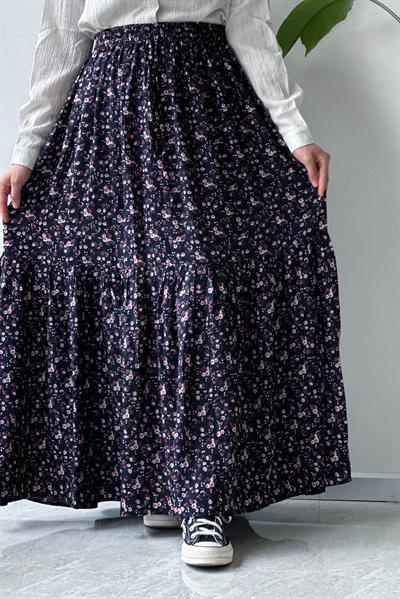 Katlı Etek - Lacivert çiçek