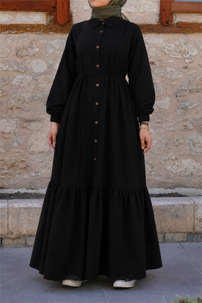 Katlı Müslin Elbise/ Ferace - Siyah