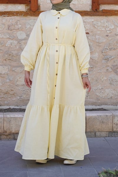 Katlı Müslin Elbise/ Ferace - soft sarı