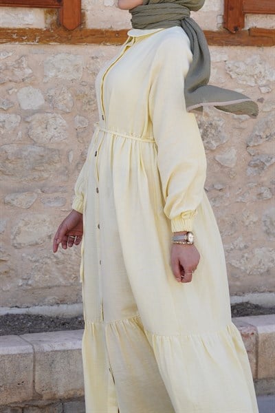 Katlı Müslin Elbise/ Ferace - soft sarı