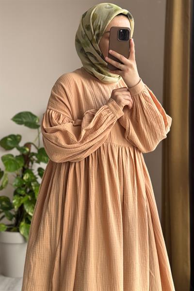 Katlı Müslin Elbise - Vizon