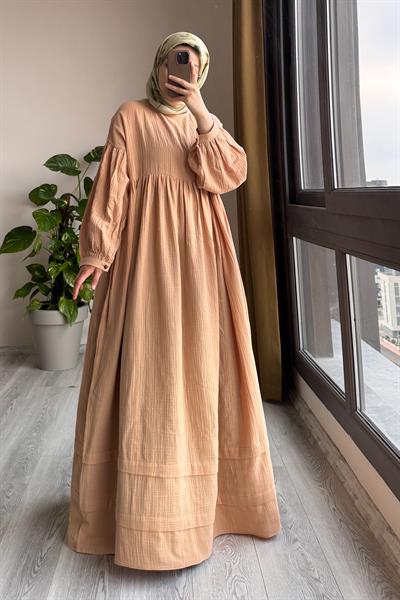 Katlı Müslin Elbise - Vizon