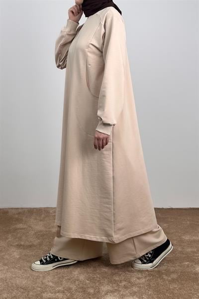 Kesik Cep Sweat Takım - Bej