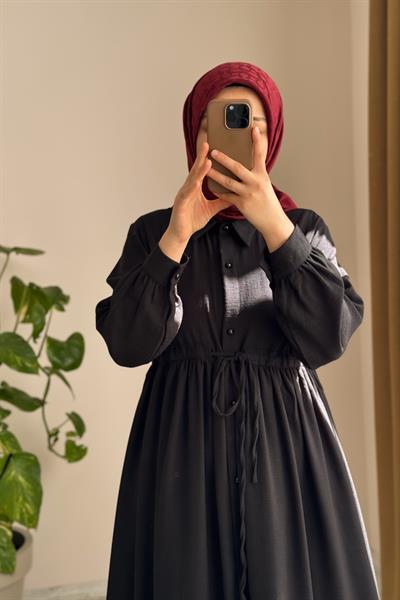 Keten Elbise Ferace - Siyah