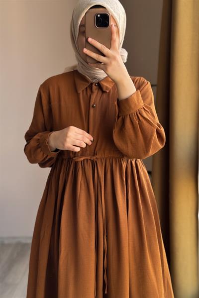 Keten Elbise Ferace - Taba