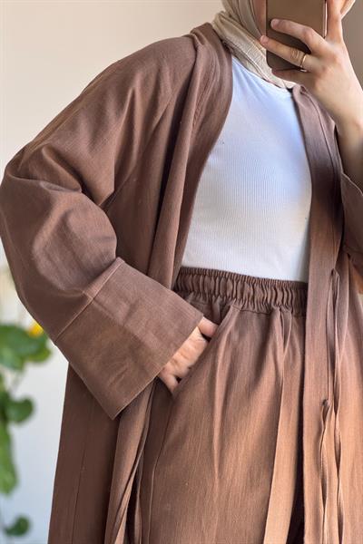 Keten Pantolonlu Takım - Tozlu Kahve