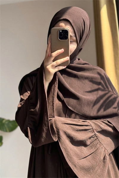 Kolu Fırfırlı Abaya Takım - Acı kahve