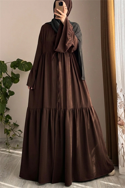 Kolu Fırfırlı Abaya Takım - Acı kahve