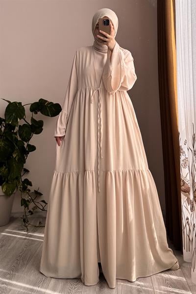 Kolu Fırfırlı Abaya Takım - Bej