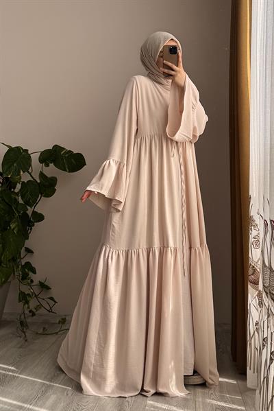 Kolu Fırfırlı Abaya Takım - Bej