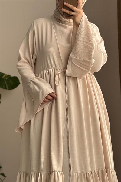 Kolu Fırfırlı Abaya Takım - Bej