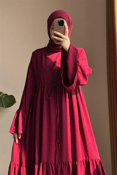 Kolu Fırfırlı Abaya Takım - Bordo