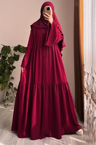 Kolu Fırfırlı Abaya Takım - Bordo