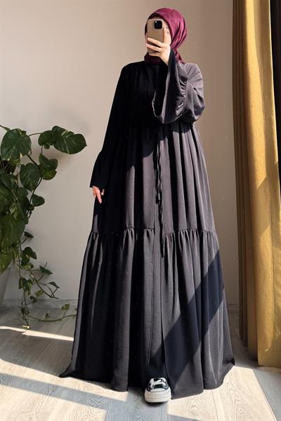 Kolu Fırfırlı Abaya Takım - Siyah