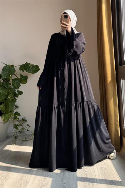 Kolu Fırfırlı Abaya Takım - Siyah